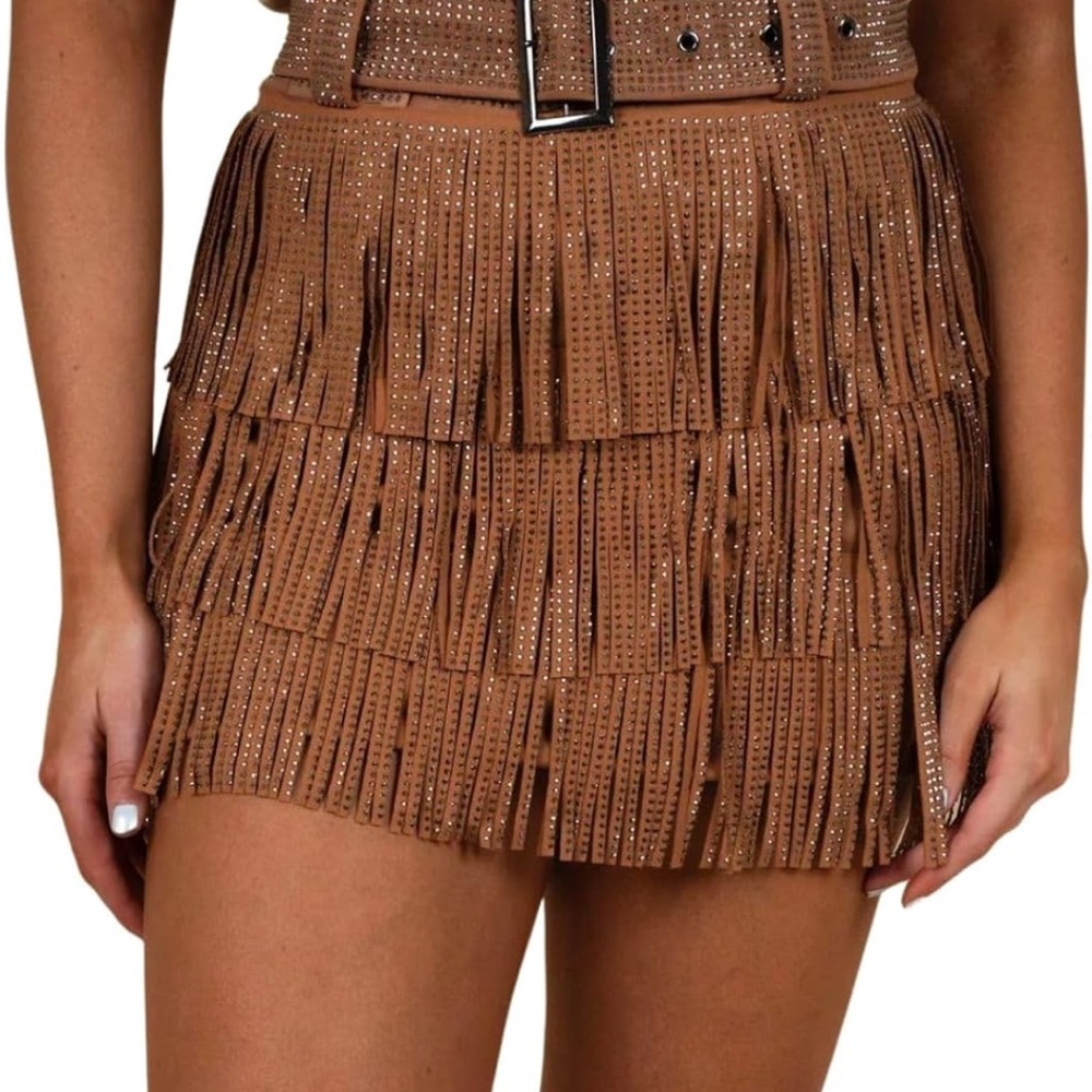 Rhinestone fringe mini skirt